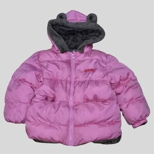 Teddy Bear Hooded Puffer Coat Toddler Girls Size 5T Pink Cozy Winter Jacket